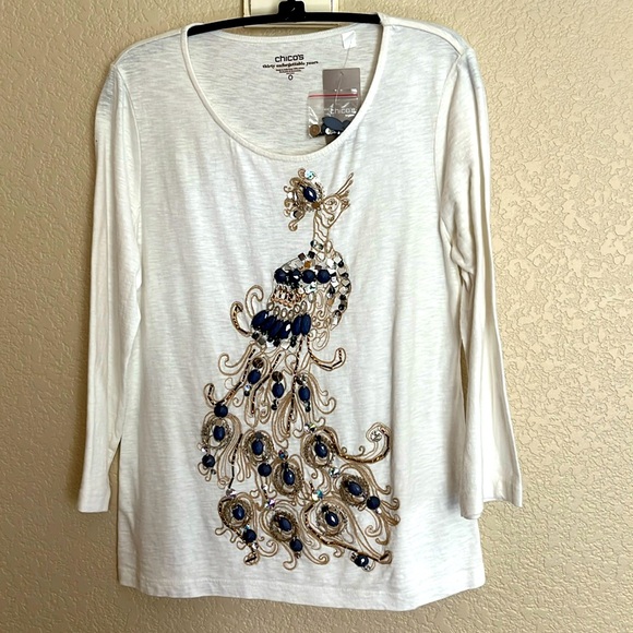🆕 Chico’s Peacock Bling smooth scoop top, 3/4 sleeve in ecru - Picture 2 of 9